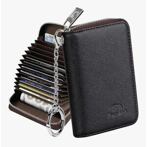 Fur Art Faux Leather Small Black Zip Around RFID Business Card Case Wallet